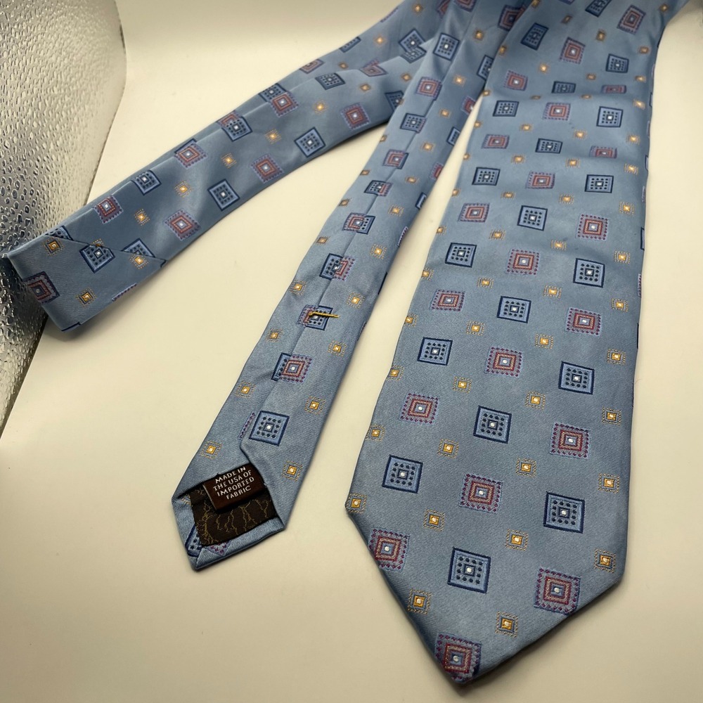 Robert Talbott Silk Tie Light Blue Geometric Square Pattern Made in USA Mens